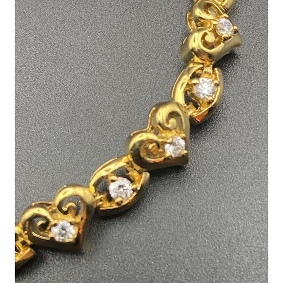 Yellow Gold Plated  Bracelet Heart Oval Link CZ Tennis 7" Safety Clasp Romantic - Picture 2 of 4